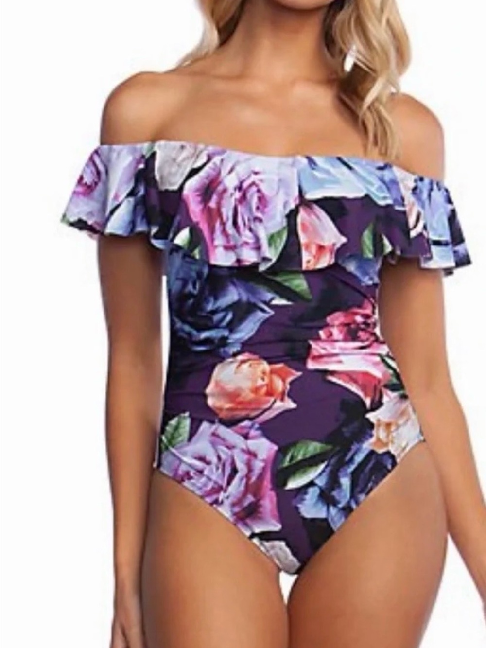 La Blanca Purple Floral Off-Shoulder One-Piece Swimsuit